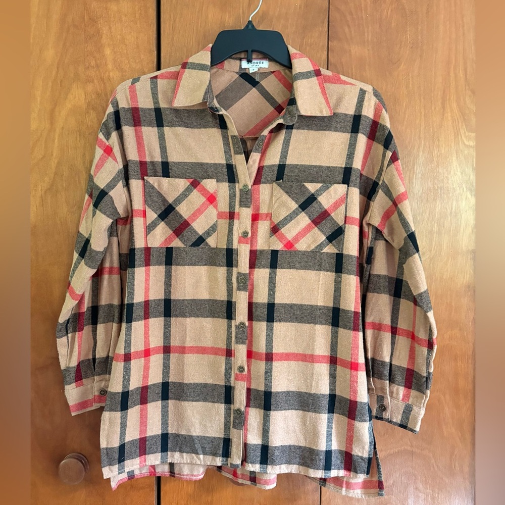 Andree by Unit Flannel Plaid Button-Up LS Shirt Small Classic Pattern & Fit EUC